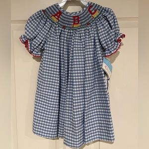 Silly Goose Smocked ABC Dress in French Blue Check, 2T, NWT.